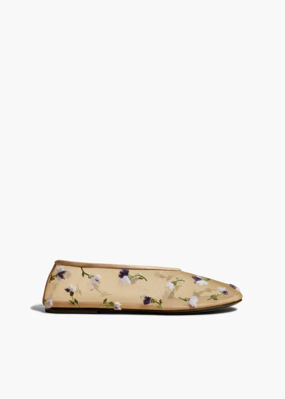 Marcy Flat in Beige Mesh with Purple Floral Embroidery sold by KHAITE