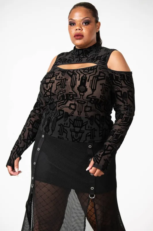 Tuned Out Mesh Cold Shoulder Top [PLUS] sold by Killstar