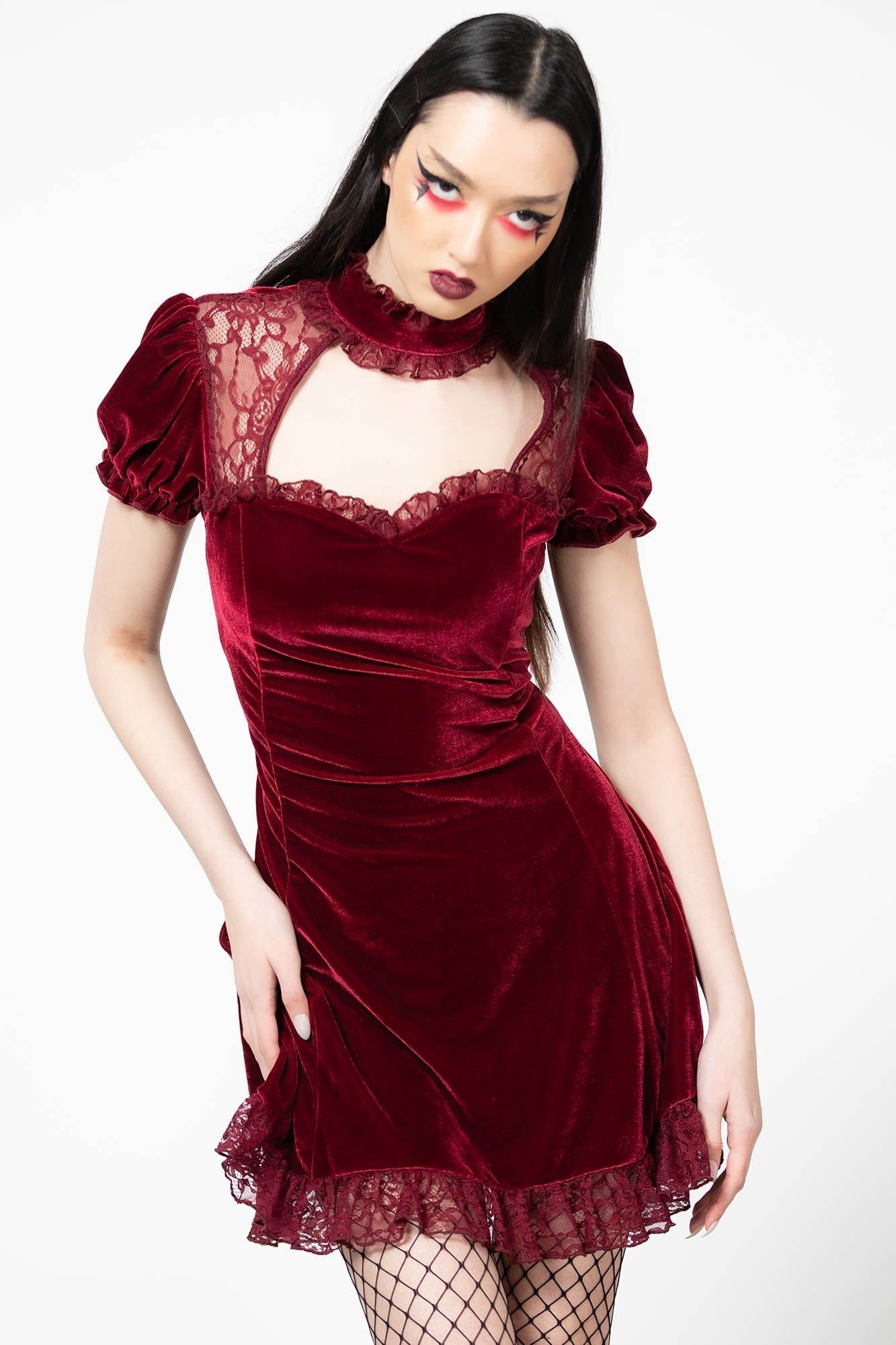 fitted lace wedding dress Carabella Red High-Neck Short-Sleeve Mini Dress – Club L London main image 0
