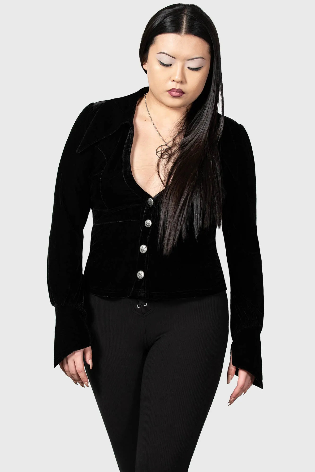Evelina's Enhancement Velvet Plunge Shirt sold by Killstar product image thumbnail 4