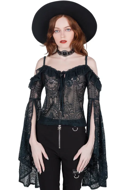 Breathless Lace Bardot Top [EMERALD] Resurrect sold by Killstar