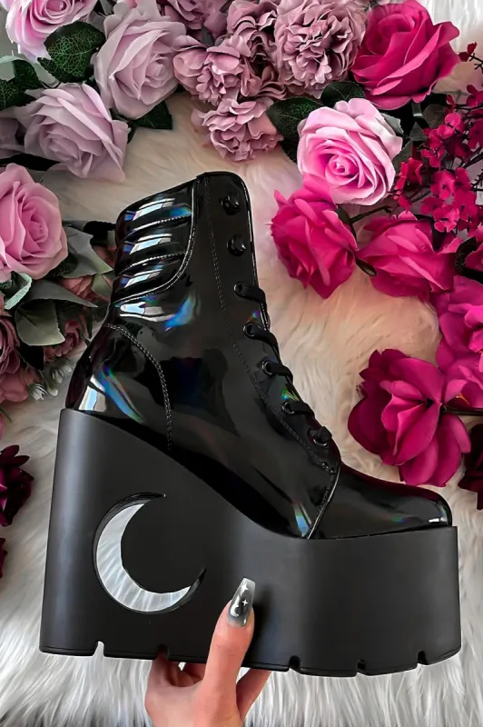 Diana Crescent Wedge Boots [BLACK HOLOGRAPHIC] made by Killstar