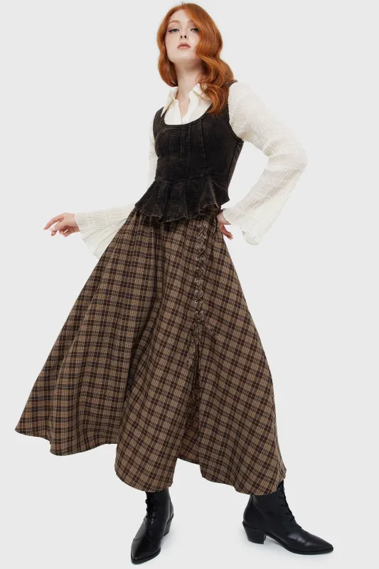 Haven Hollow Skirt [BROWN TARTAN] sold by Killstar
