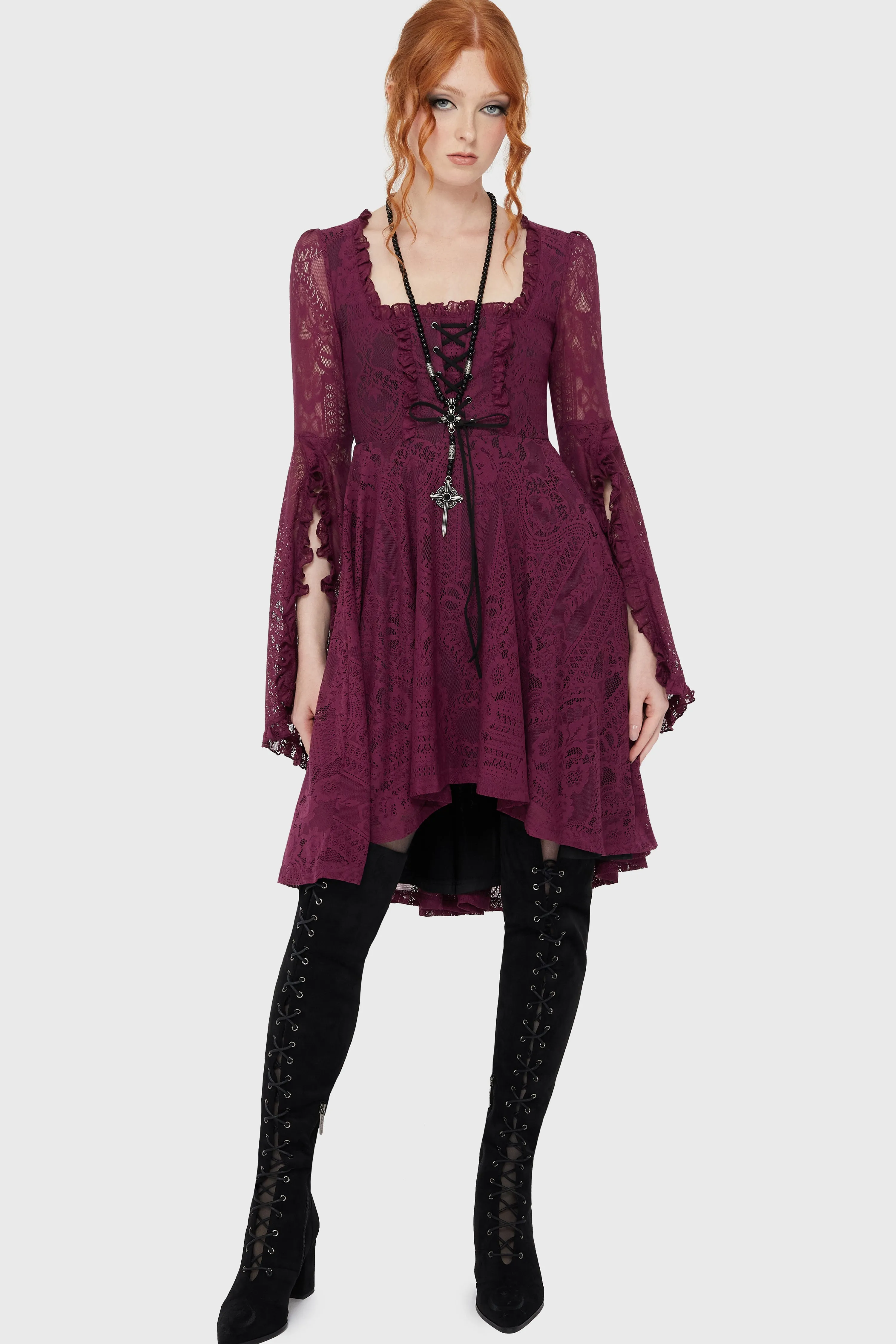 Killing Kisses Lace Maiden Dress Plum sold by Killstar