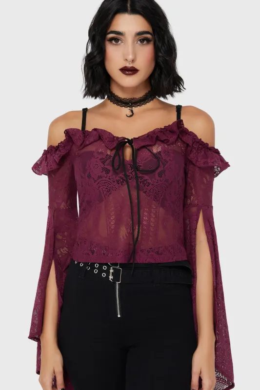 Breathless Lace Bardot Top [Plum] sold by Killstar
