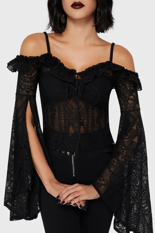 Breathless Lace Bardot Top [B] sold by Killstar