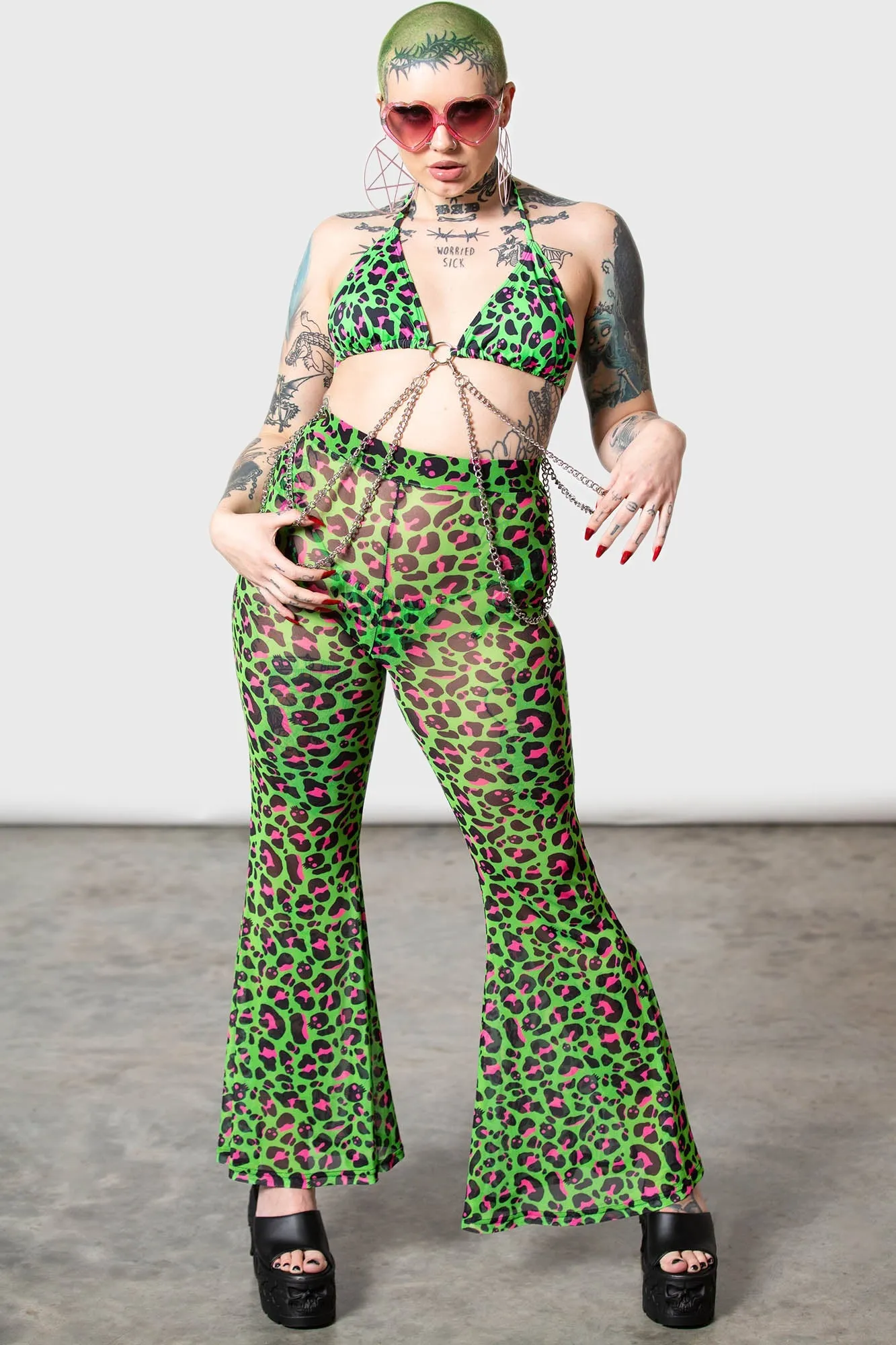 Emerald Sugar Mesh Flare Trousers sold by Killstar product image thumbnail 3