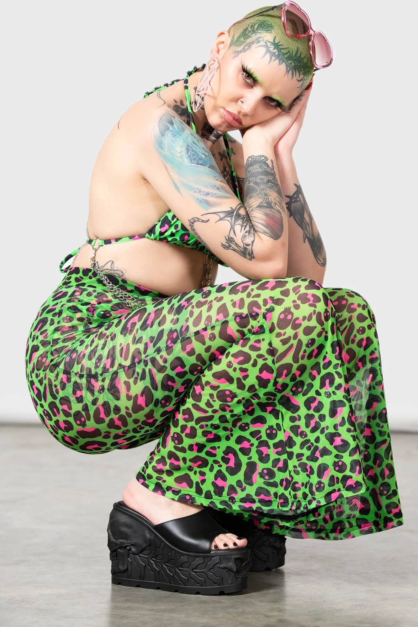 Emerald Sugar Mesh Flare Trousers sold by Killstar