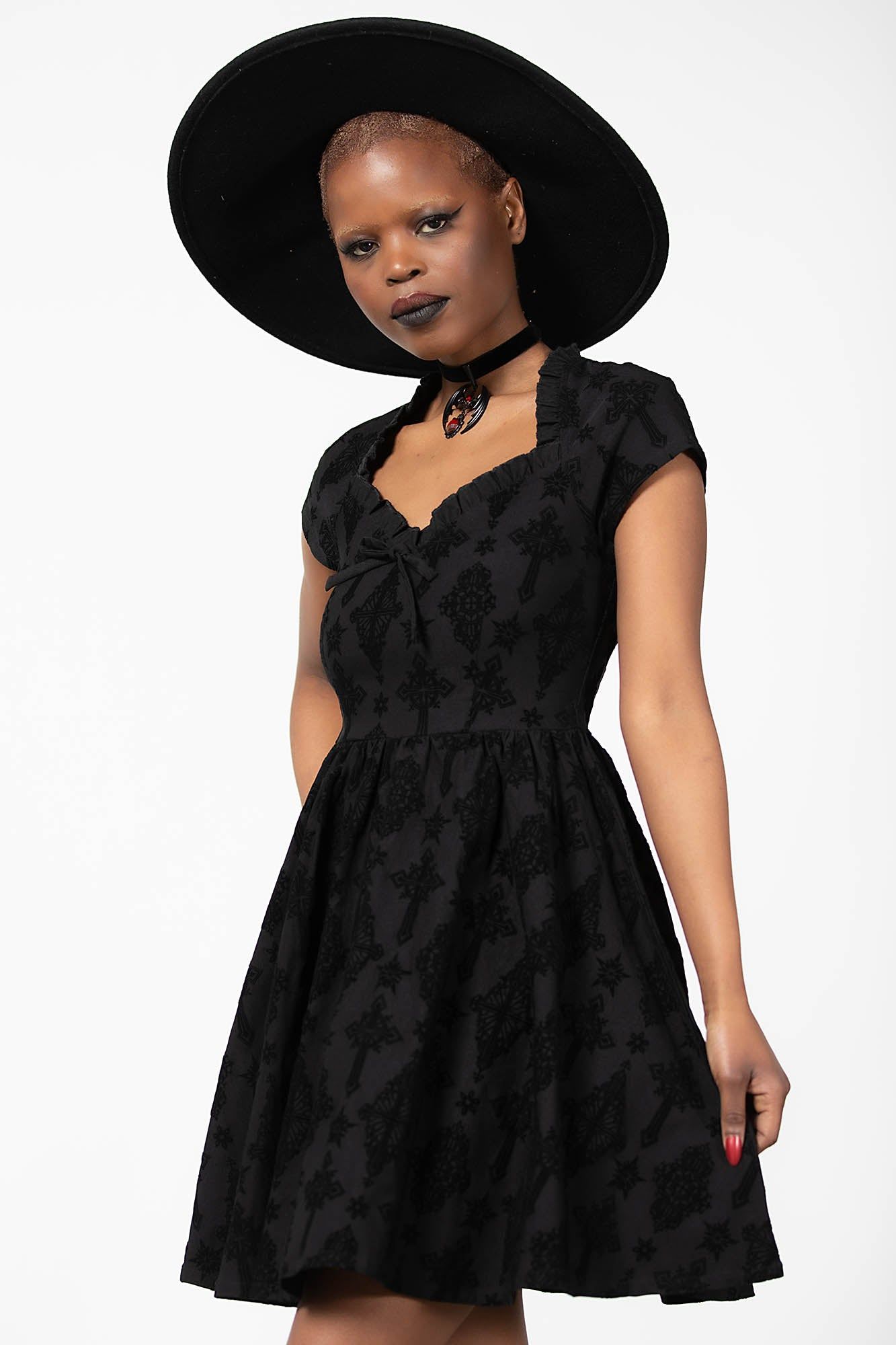 Crossed Chloe Flocked Skater Dress sold by Killstar product image thumbnail 4