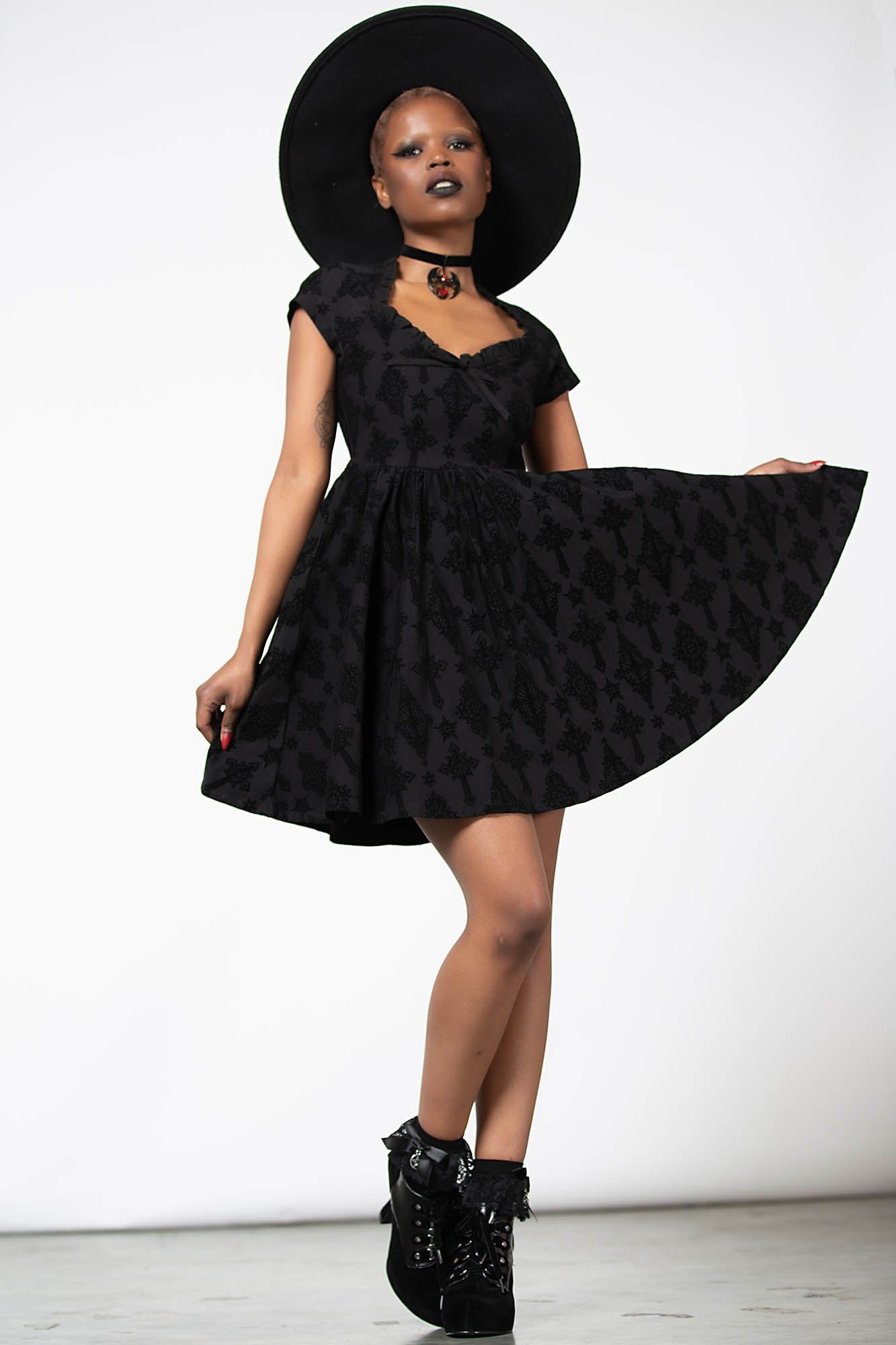 Crossed Chloe Flocked Skater Dress sold by Killstar