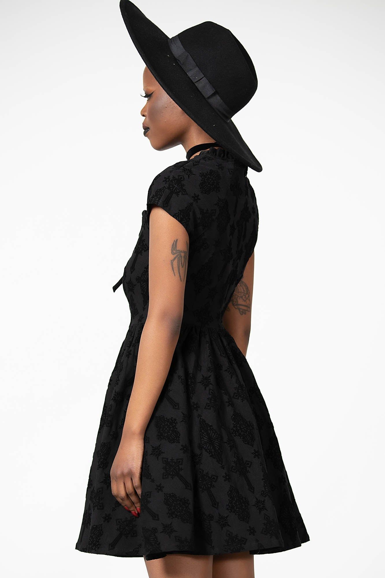 Crossed Chloe Flocked Skater Dress sold by Killstar product image thumbnail 5
