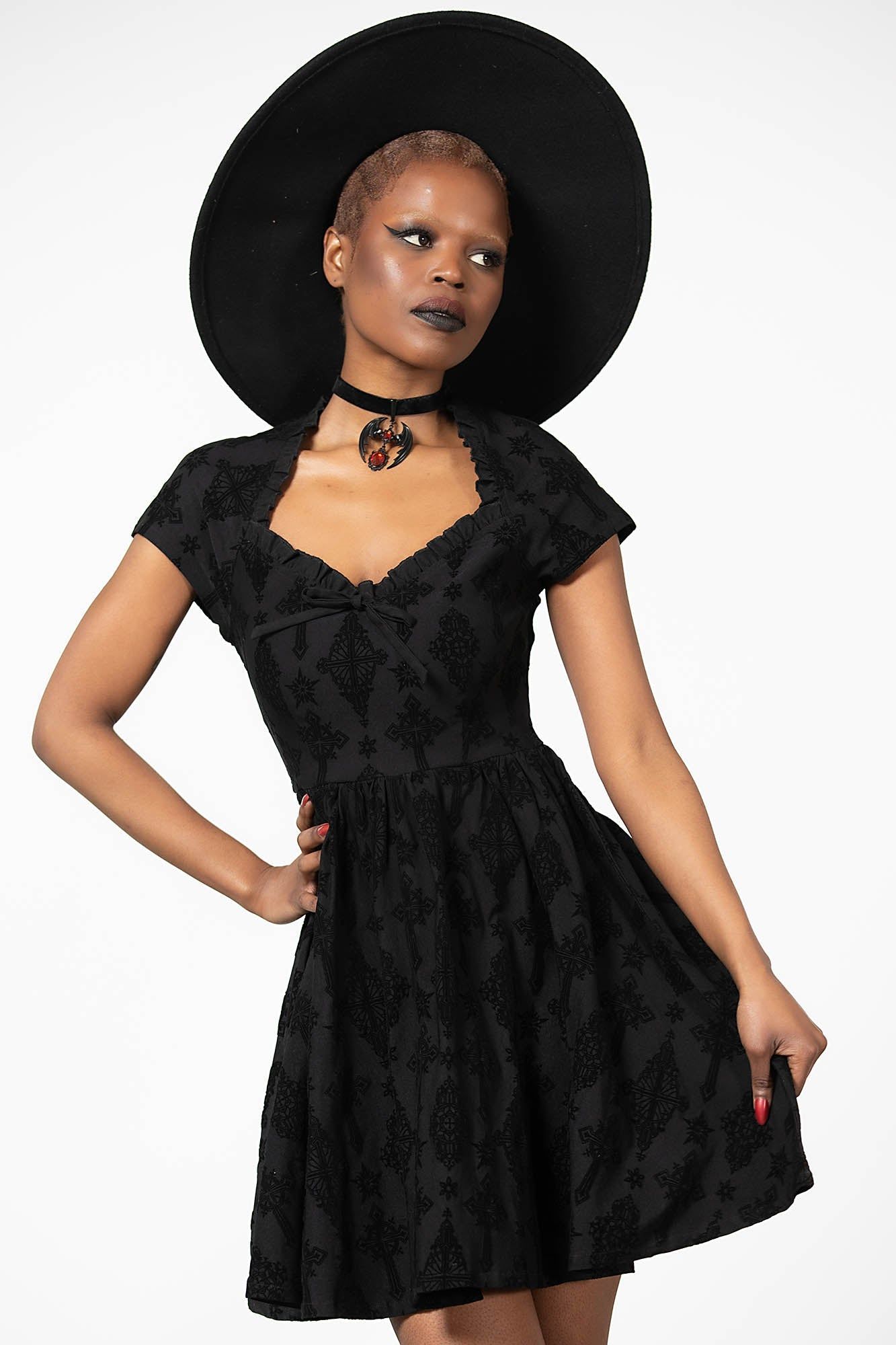 Crossed Chloe Flocked Skater Dress sold by Killstar product image thumbnail 2