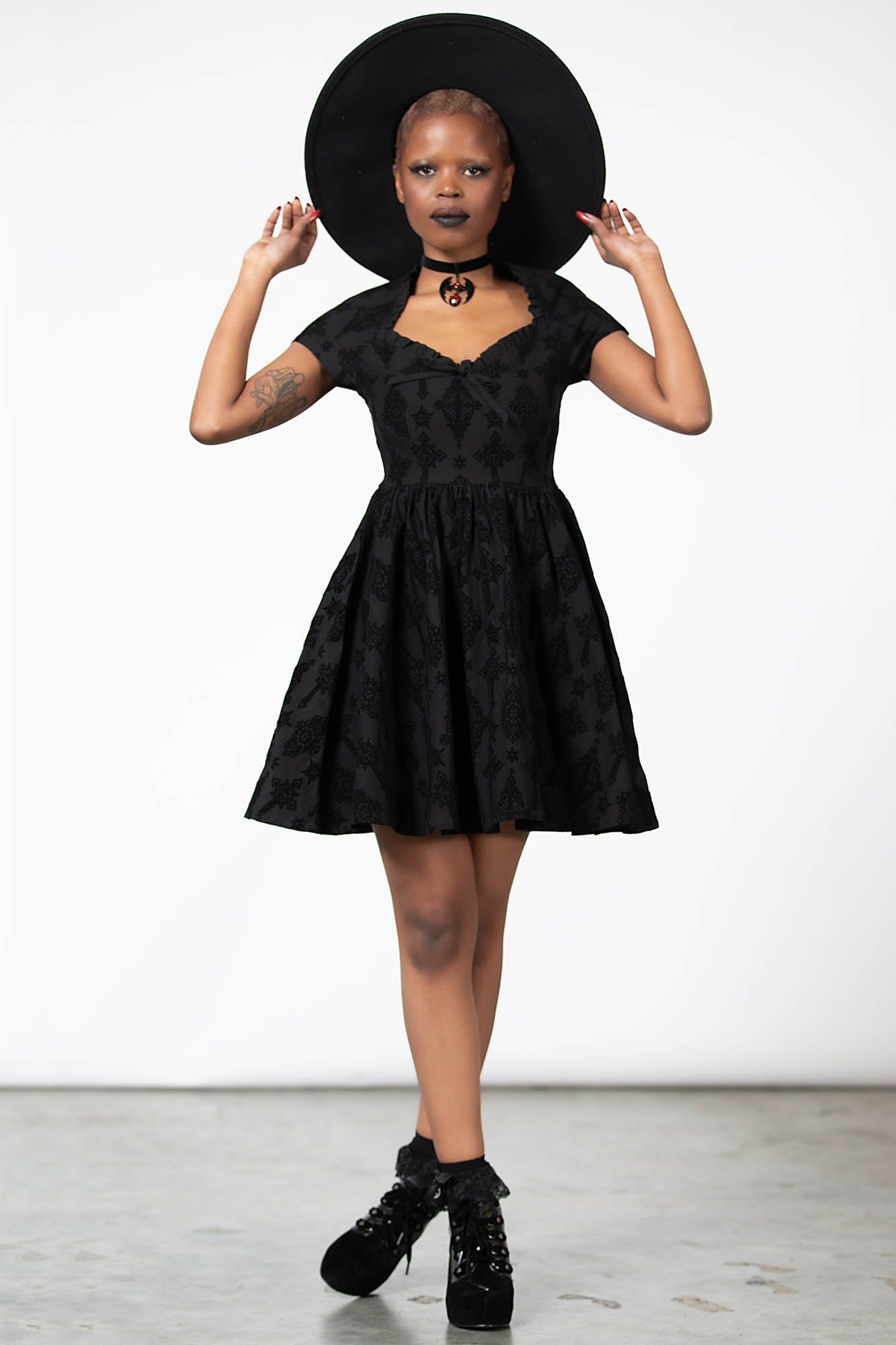 Crossed Chloe Flocked Skater Dress sold by Killstar product image thumbnail 3