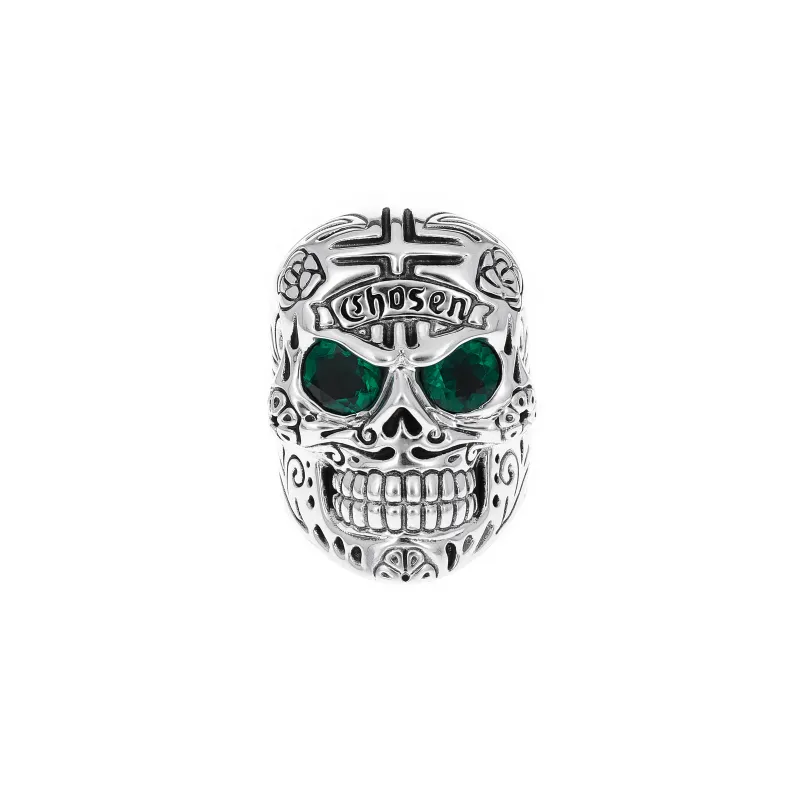 Large Skull Ring with Chosen Cross Detail and Green Emerald Eyes sold by King Baby Studio