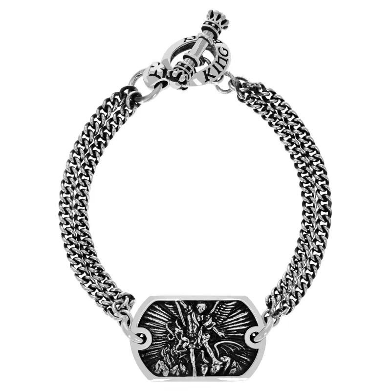 Saint Michael Double Curb link Chain Bracelet w/ T-Bar and Toggle sold by King Baby Studio