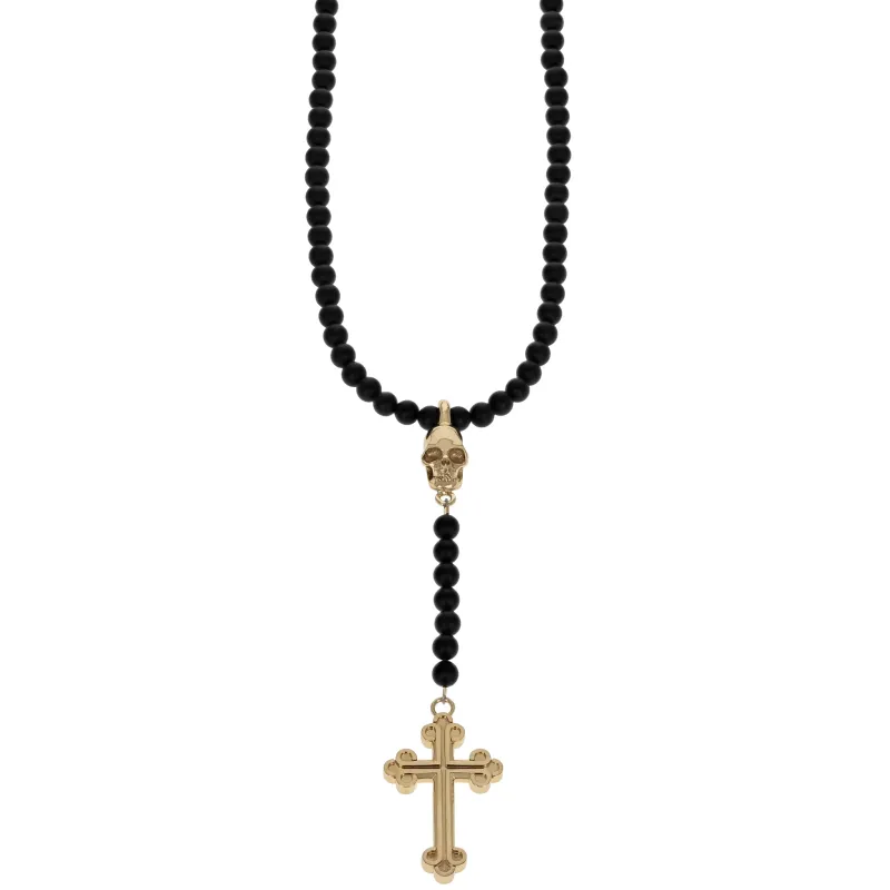 Rosary with 8mm Beads, 10K Gold Skull and Traditional Cross w/ T-Bar & Toggle sold by King Baby Studio