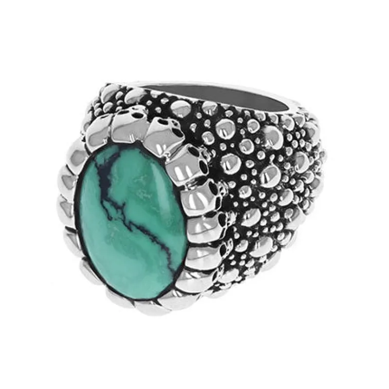 Stingray Texture Ring with Top Hat Spotted Turquoise Cabochon in Skull Bezel sold by King Baby Studio