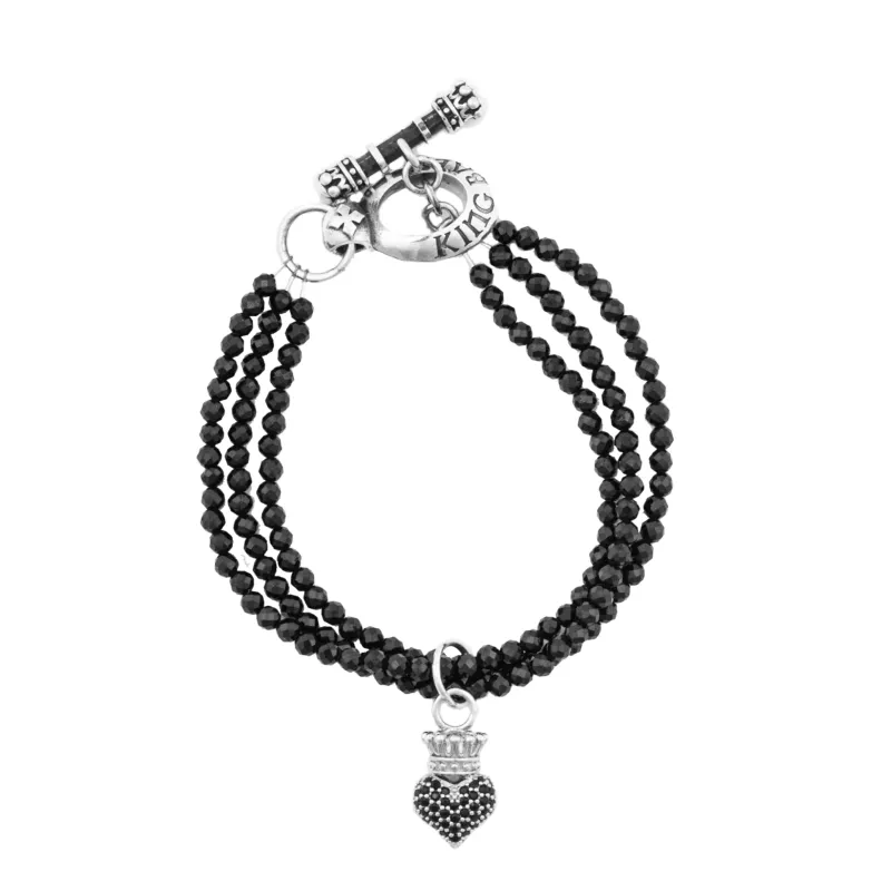 Three Strand Black Spinel Bracelet w/Black Pave CZ Crowned Heart sold by King Baby Studio