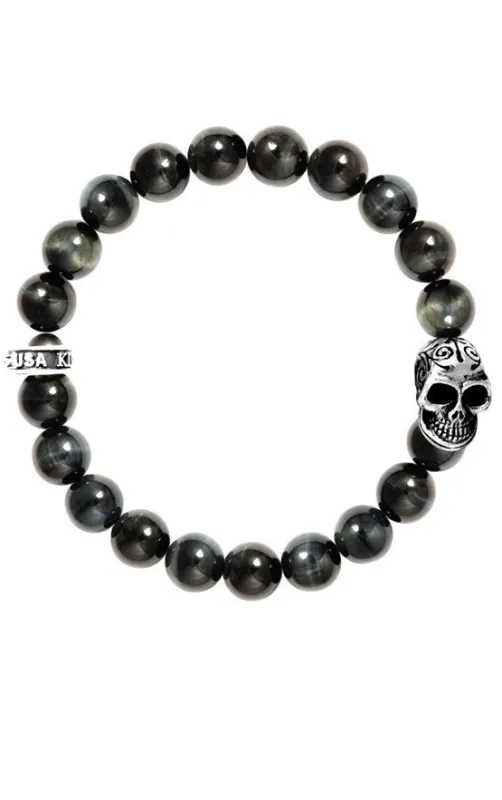 10mm Blue Tiger Eye Bracelet w/Day of the Dead Skull sold by King Baby Studio