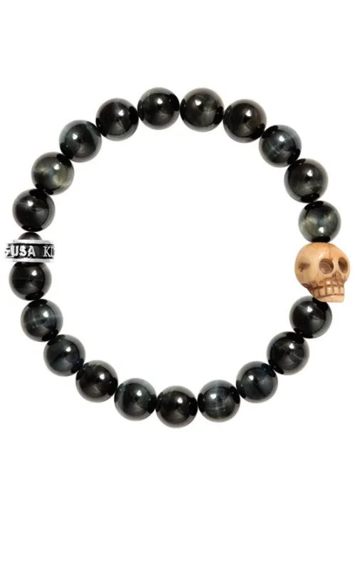 10mm Blue Tiger Eye Bracelet w/Bone Skull sold by King Baby Studio
