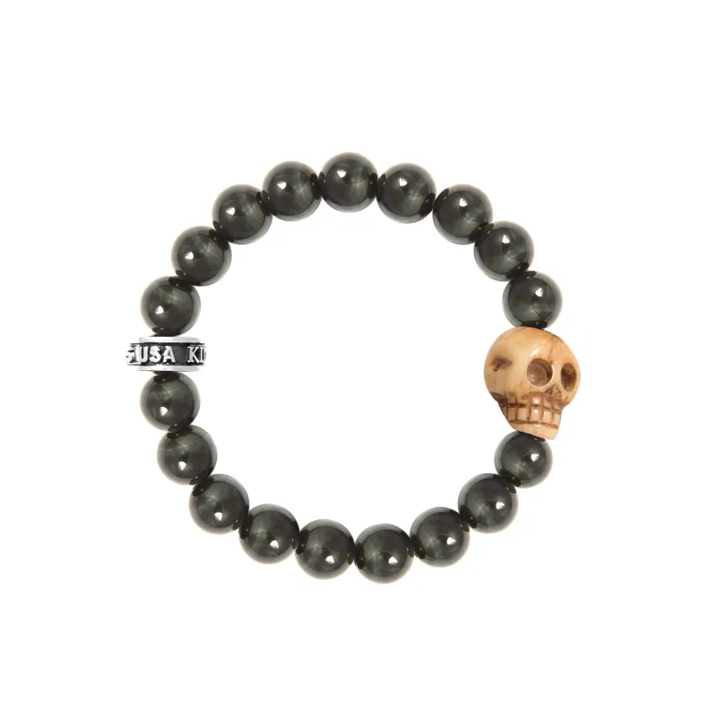 10mm Blue Tiger Eye Bracelet w/Bone Skull sold by King Baby Studio
