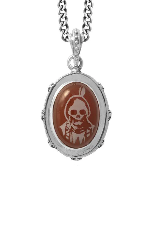 Oval Bezel Pendant w/ Etched Skull Chief on Carnelian Stone made by King Baby Studio