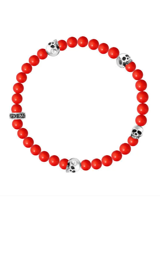 6mm Red Coral Bead Bracelet w/ 4 Skulls sold by King Baby Studio