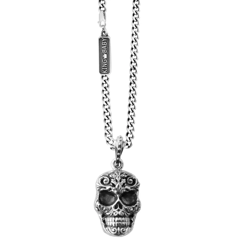 Carved Baroque Skull Pendant on 24 in. Fine Curb Link Chain sold by King Baby Studio