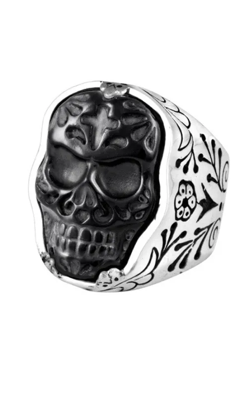 Carved Jet Day of the Dead Skull in Silver Frame Ring sold by King Baby Studio