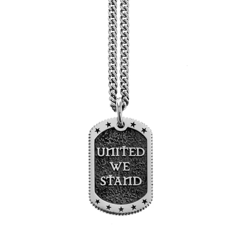 The "United We Stand" Dog Tag Pendant sold by King Baby Studio