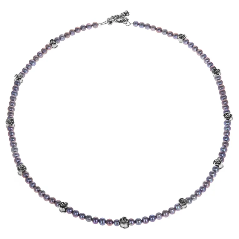 6mm Grey Pearl Necklace w/ Silver Rose Beads sold by King Baby Studio
