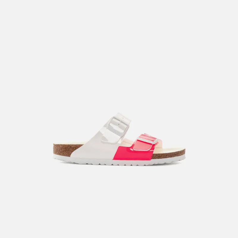 Birkenstock WMNS Arizona Split Birko-Flor Patent - White / Neon Pink sold by Kith