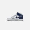 Jordan GS Air Jordan 1 Mid - White / Midnight Navy / Wolf Grey sold by Kith