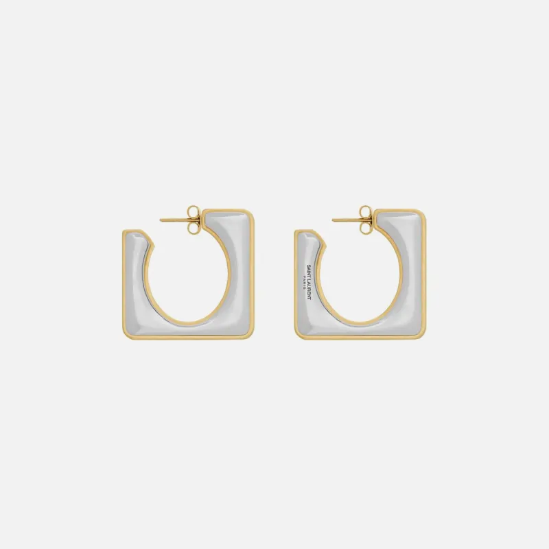 Saint Laurent Split Square Hoop Earrings - Palladium / Gold sold by Kith