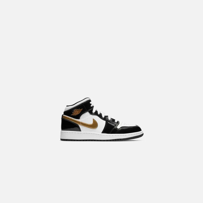 Nike GS Air Jordan 1 Mid SE - Black / Metallic Gold / White sold by Kith