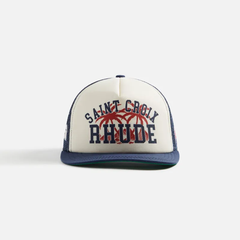 Rhude Saint Croix Trucker Cap Ping Pong Print - Navy Blue / Ivory White sold by Kith
