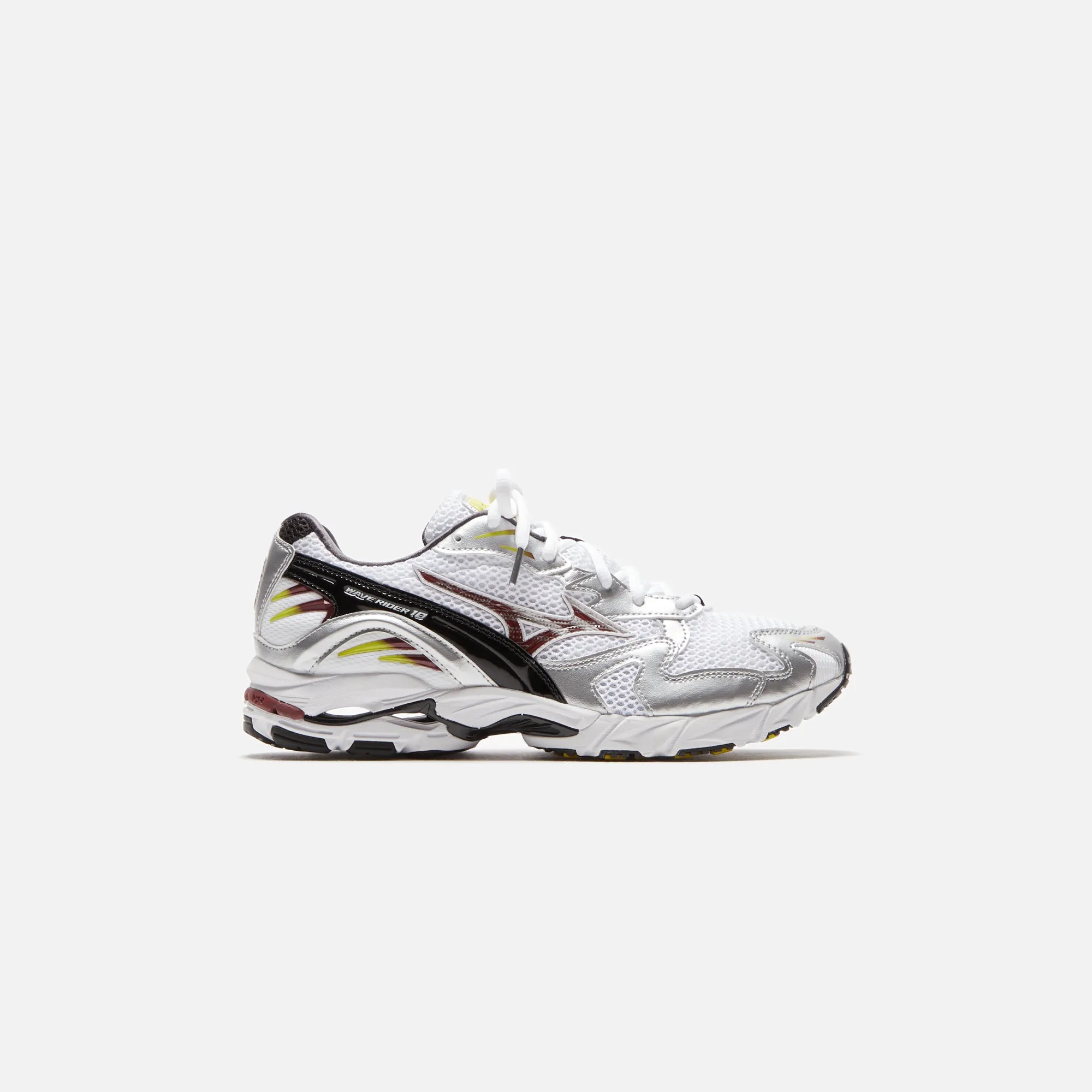 Mizuno Wave Rider 10 - White / Cabernet / Silver sold by Kith