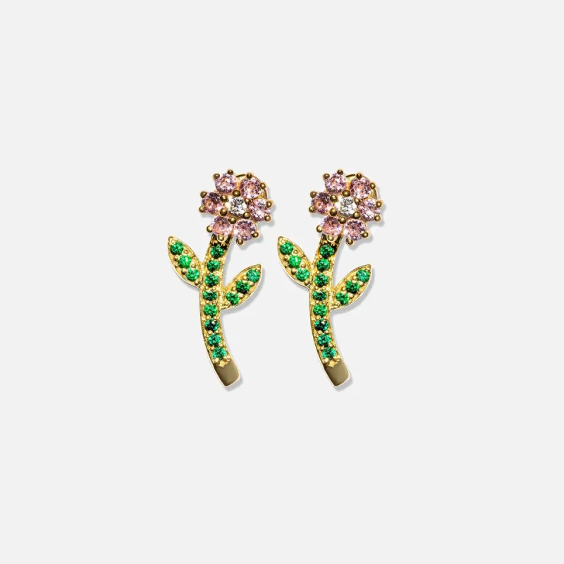 VEERT Pink & Green Flower Studs - Yellow Gold sold by Kith