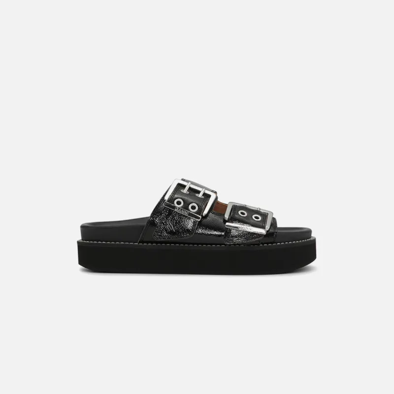 Ganni Wide Welt Chunky Buckle Flat Sandal - Naplack Black sold by Kith