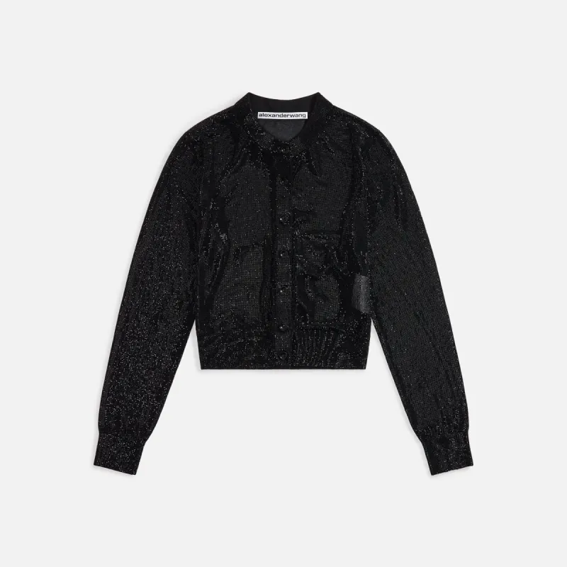 Alexander Wang Cropped Crewneck Cardigan with Clear Bead Hotfix - Black sold by Kith