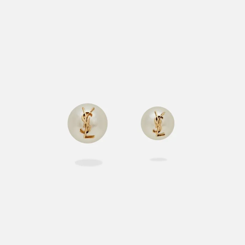 Saint Laurent Asymetric YSL Pearl Earrings - Creme sold by Kith