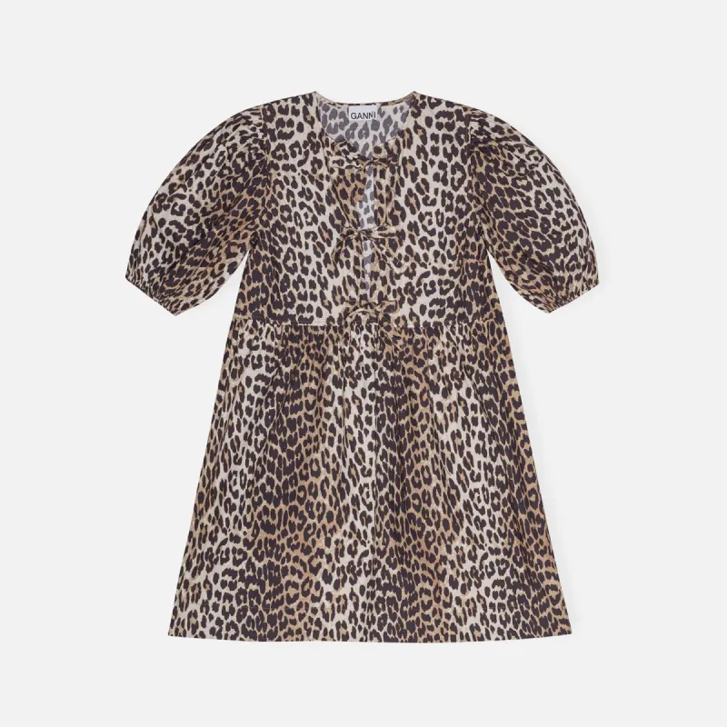 Ganni Printed Cotton Tie String Mini Dress - Leopard sold by Kith