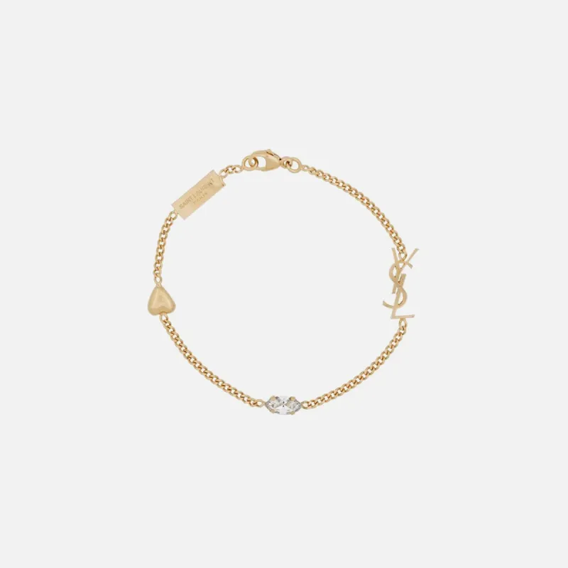 Saint Laurent Cassandre Monogramme Rhinestone and Heart Bracelet - Gold sold by Kith