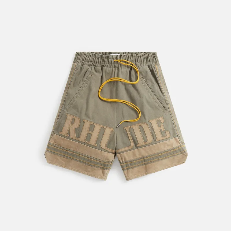Rhude Embroidered Canvas Logo Short - Olive / Tan / Mustard sold by Kith