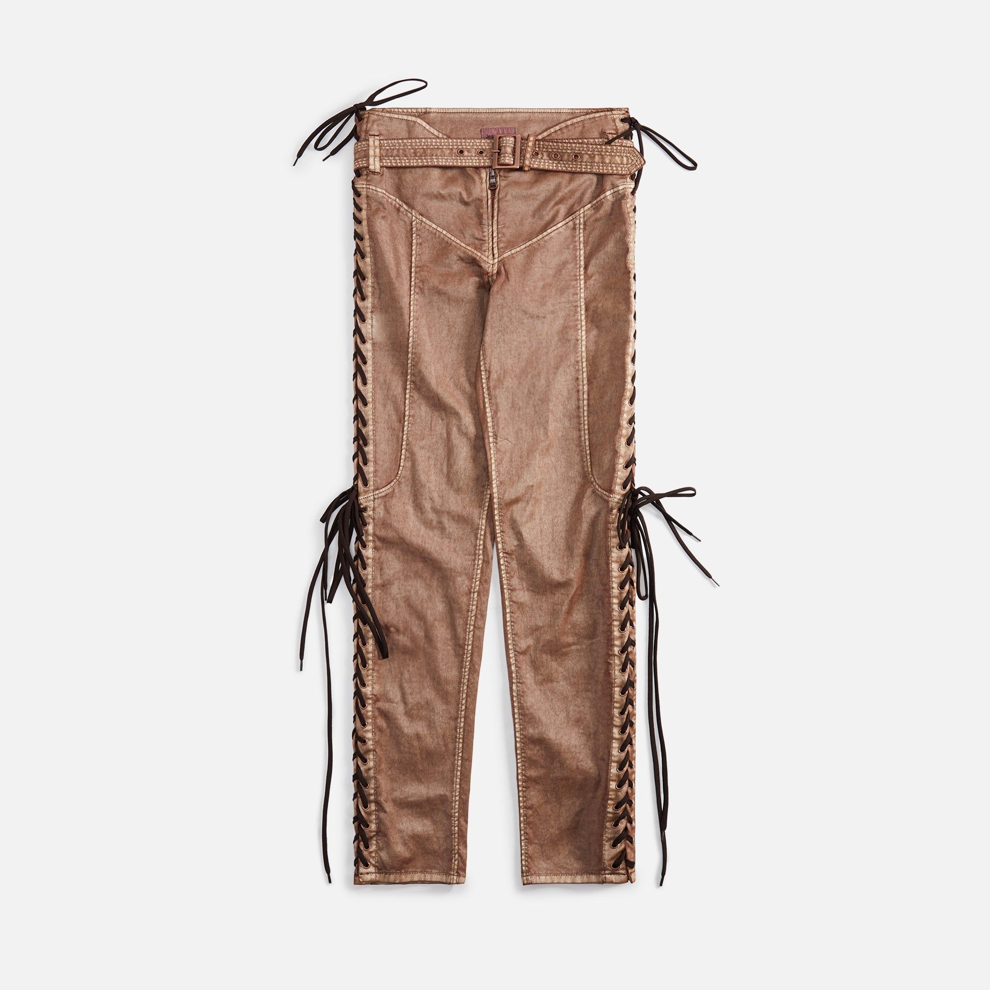 Jean Paul Gaultier x KNWLS Low Waist Laced Straight Trousers with Topstiched - Brown sold by Kith