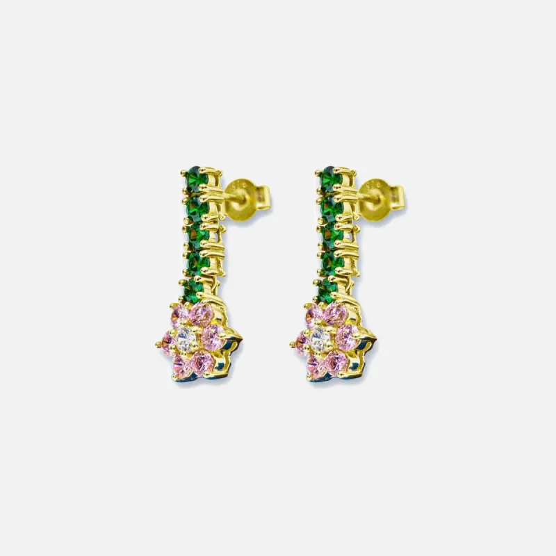 VEERT Pink & Green Flower Earrings - Yellow Gold sold by Kith