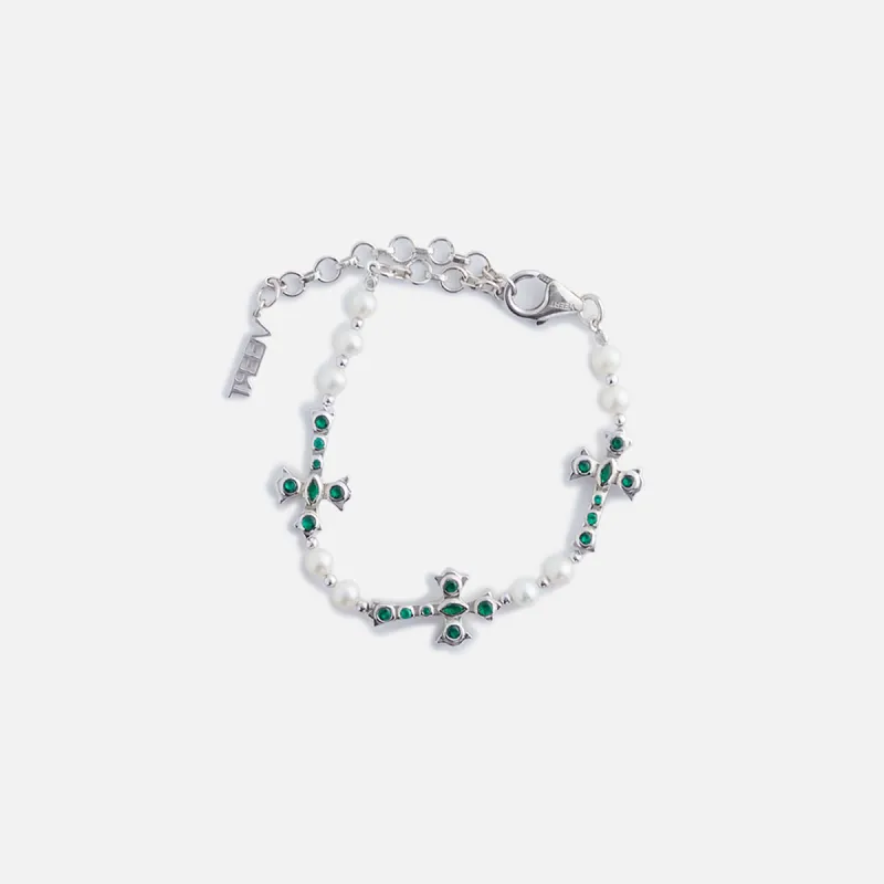 VEERT The Cross and Freshwater Pearl Bracelet - White Gold / Green sold by Kith