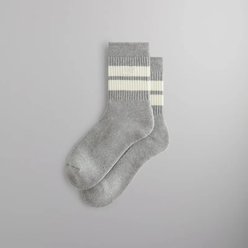 Kith Striped Mid Crew Socks With Script Embroidery - Heather Grey sold by Kith