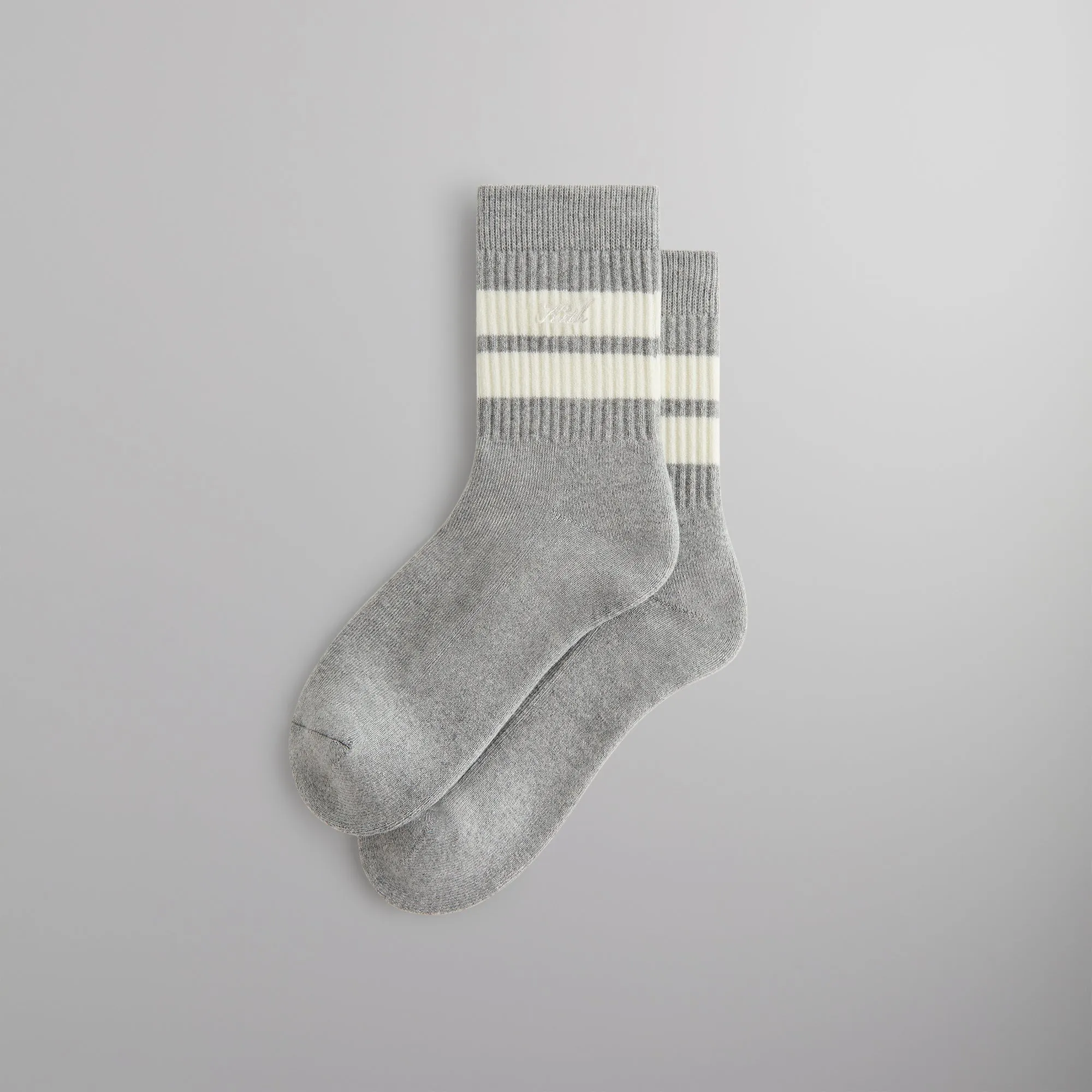Kith Striped Mid Crew Socks With Script Embroidery - Heather Grey sold by Kith