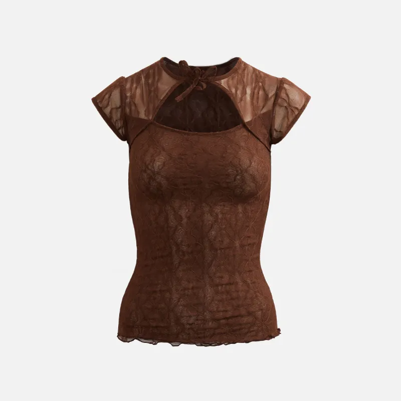 Second Skin Mariposa Lace Bow Tee - Coffee sold by Kith